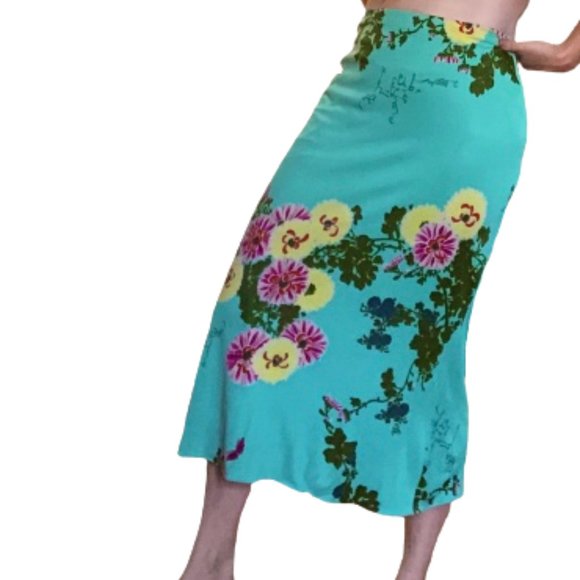 Vtg Emanuel Ungaro Floral Flower Butterfly Print Turquoise Viscose Midi Skirt 46 - Picture 6 of 17